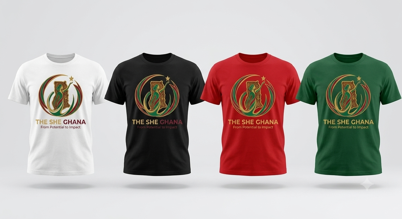 The She Ghana signature T-shirts in white, black, red and emerald green